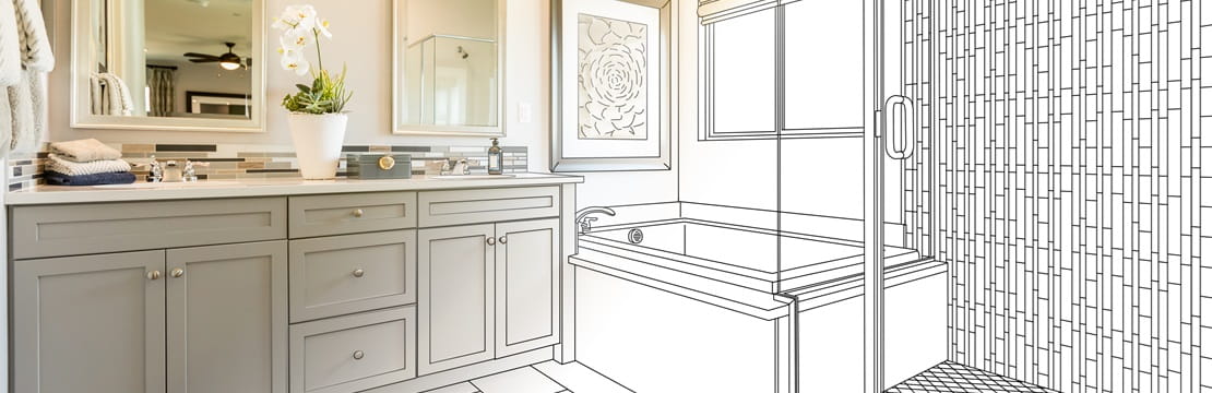 Master Bathroom Design Drawing Gradating to Finished Photo